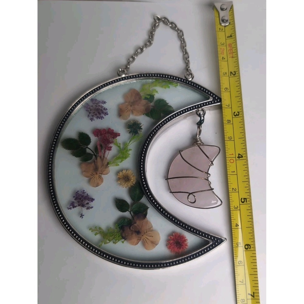 Vintage Dried Pressed Flowers Glass Metal half Moon Frame Hanging W/Rose Quartz - Picture 9 of 13